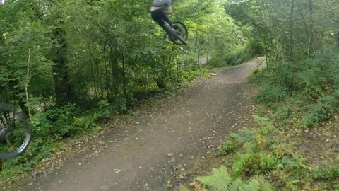 Two mountain bikers flying into shot, through forest at speed , drone aerial 4K Stock Footage 101106750