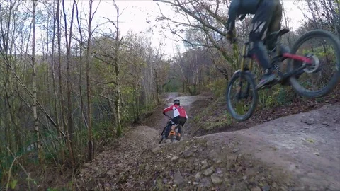 Two mountain bikers going over large jumps in dense woodland, drone aerial 4K Stock Footage 101109479