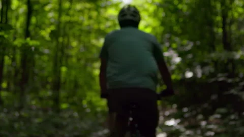 Two mountain bikers ride down a forest path Stock Footage 158900497