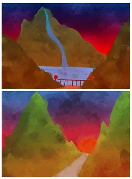 Two Mountain Valley Landscapes During Colorful Twilight Illustration Stock Illustration