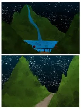 Two Mountain Waterfall Landscapes Under Starry Night Illustration Stock Illustration