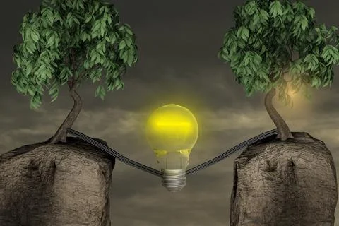 Two mountains connected with cables by light bulb in sunset day. Energy Produ Illustrazione stock