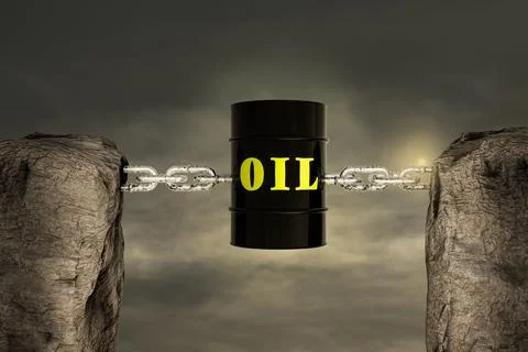 Two mountains connected with a chain by Black Metal Oil Barrel in sunset day. Illustrazione stock