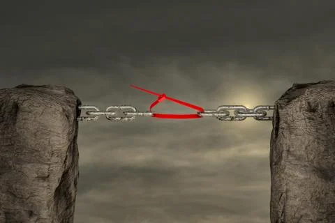 Two mountains connected with a chain by cable tie in sunset day. Standing out Stock Illustration