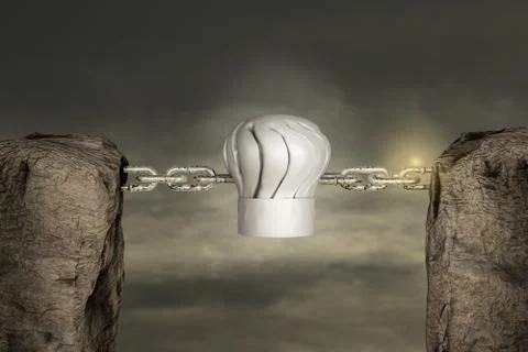 Two mountains connected with a chain by chef hat in sunset day. Stock Illustration