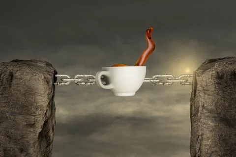 Two mountains connected with a chain by Coffee cup in sunset day. Stock Illustration