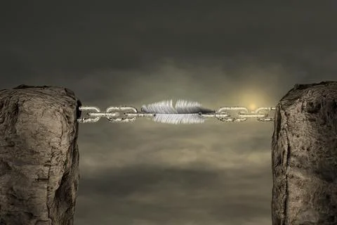Two mountains connected with a chain by feather in sunset day. Stock Illustration