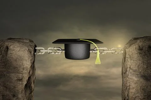 Two mountains connected with a chain by graduation hat in sunset day. Stock Illustration