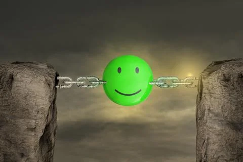 Two mountains connected with a chain by green smiling emoticon happy Stock Illustration