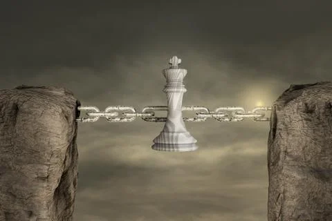 Two mountains connected with a chain by king of chess in sunset day. Stock Illustration