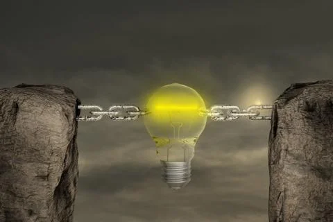 Two mountains connected with a chain by light bulb in sunset day. Stock Illustration
