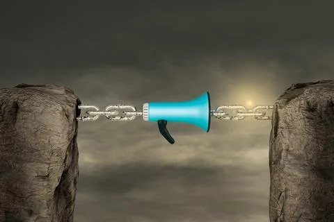 Two mountains connected with a chain by loudspeaker in sunset day. Participat Stock-Illustration