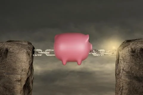 Two mountains connected with a chain by Pink ceramic piggy bank Stock-Illustration