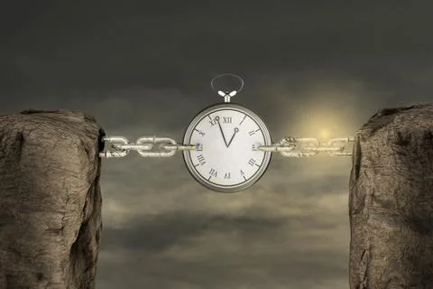 Two mountains connected with a chain by pocket watch in sunset day. Stock Illustration