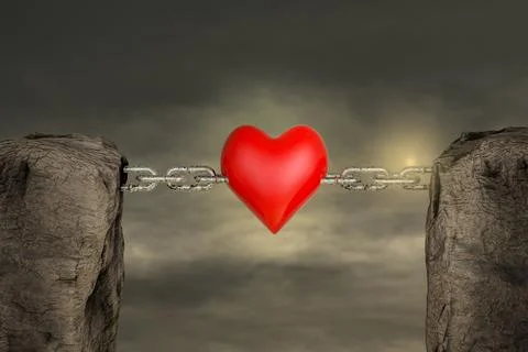 Two mountains connected with a chain by red heart in sunset day. Illustrazione stock