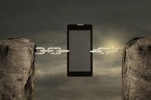 Two mountains connected with a chain by smartphone or mobile phone in sunset Stock Illustration