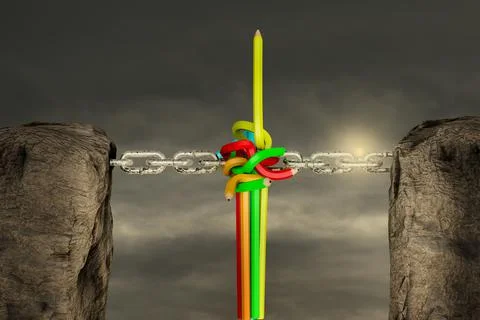 Two mountains connected with a chain by tangled colored pencils turns into Stock Illustration