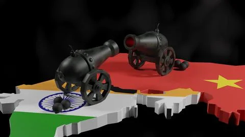 Two mounted cannons facing each other near the Indo-China border. Illustrazione stock