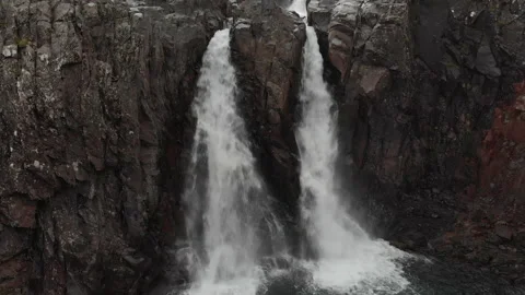 Two Mouthed Waterfall Track Up Drone Stock Footage 186765729