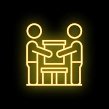 Two movers carrying box into house over threshold, delivery service neon icon 스톡 일러스트