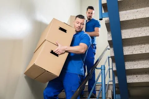 Two Movers Carrying Cardboard Boxes On Staircase Foto stock