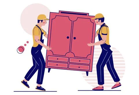Two movers carrying closet, vector illustration. Relocation. Moving company 스톡 일러스트