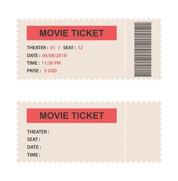 Two movie ticket templates with barcode isolated on white background flat Stock Illustration