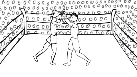 Two muai thai boxers fighting on a ring cartoon style animation Stock Footage 152304566