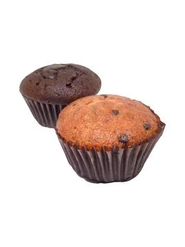 Two muffins sit side by side: one deep chocolate, one banana Stock Photos