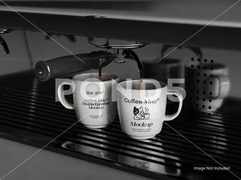 Two Mug Mockup with Espresso Machine PSD Template