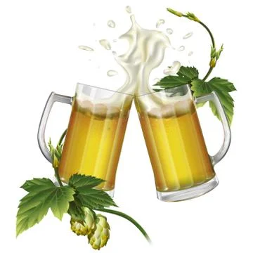 Two mugs with beer and hops Stock Illustration