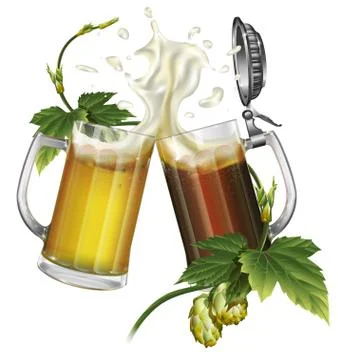 Two mugs with dark, light beer and hops Stock Illustration