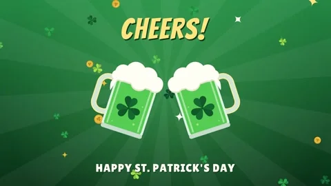 Two mugs of green beer clinking in a toast with foam splash and Cheers text Stock-Footage 348330103