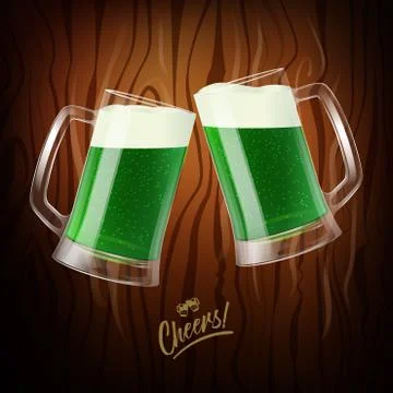 Two mugs with green beer, clinking glasses, St. Patrick day symbol Stock Illustration