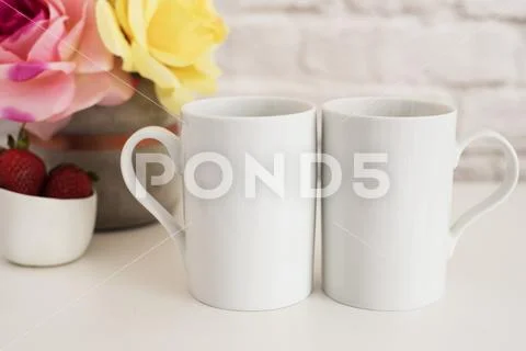 Two Mugs. White Mugs Mockup. Blank White Coffee Mug Mock Up. Styled Photography. Stock Photos