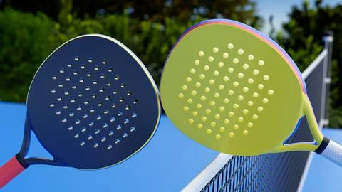Two multi-colored padel rackets over the net ready for outdoor play Stock Illustration
