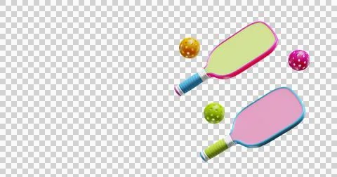 Two multi-colored pickleball rackets with balls on a transparent background. Illustrazione stock