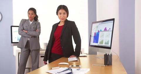 Two multi-ethnic business executives standing in office Video stock 42675335