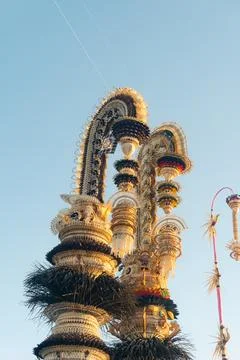 Two Multicolored Penjor Decorations in Sembung Village, Bali Stock Photos