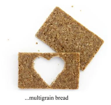 Two multigrain slices of bread with cut out shape of heart, isolated on white 스톡 일러스트