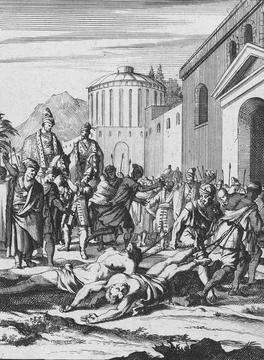 Two murdered brothers pulled by ropes are paraded in front of the public Illustrazione stock