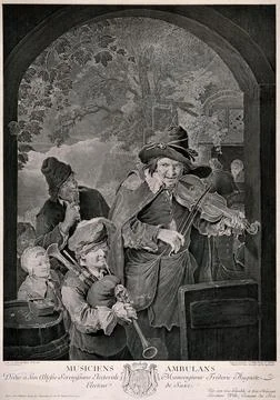 Two musicians play their instruments in a doorway to amuse the passers-by. .. Stock Illustration