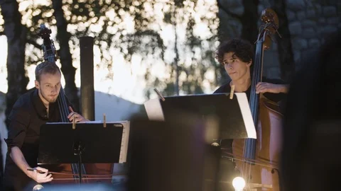 Two musicians playing on a contrabass - double bass Vídeos de archivo 92473144
