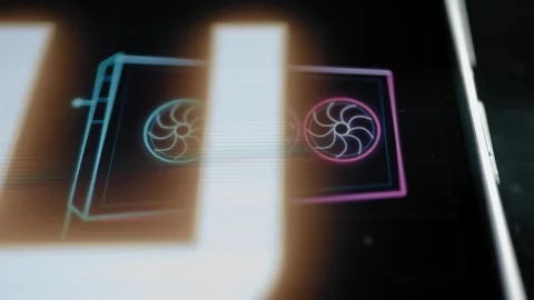 Two neon cooling fan outlines glow inside a graphics processor panel Stock Footage 342486680