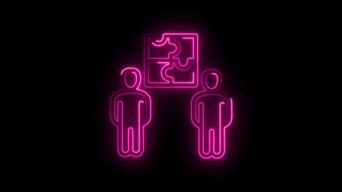Two neon figures assembling a puzzle symbolizing teamwork collaboration strategy Stock Footage 333963150