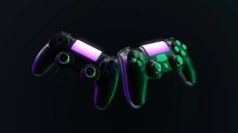 Two neon gamepads. Modern console controller 3d illustration. violet and green Stock Illustration