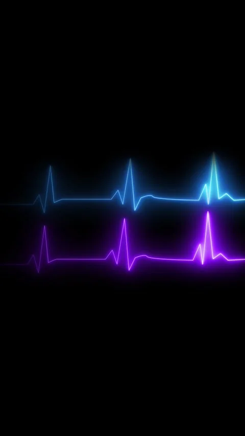 Two Neon Heartbeat Lines in Blue and Purple on Black Background cardiogram .. Stockbeeldmateriaal 337461106