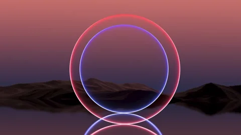 Two neon rings on a lake, glowing red and blue circles above,3D render,animation Stockbeeldmateriaal 337005665