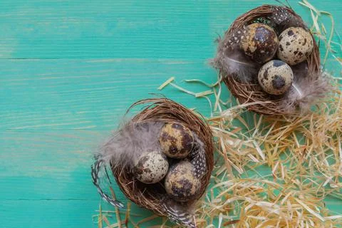Two nests with Easter eggs and hay straws around on vintage wooden background Stock Photos