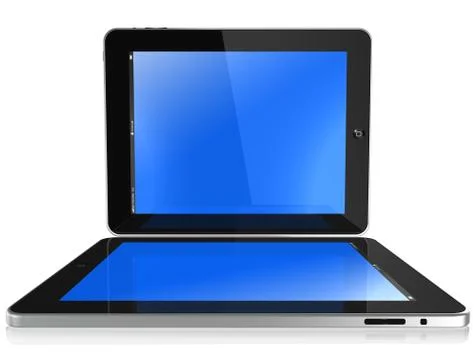 Two new apple ipad black glossy and chromed, blue screen, isolated on white 스톡 일러스트